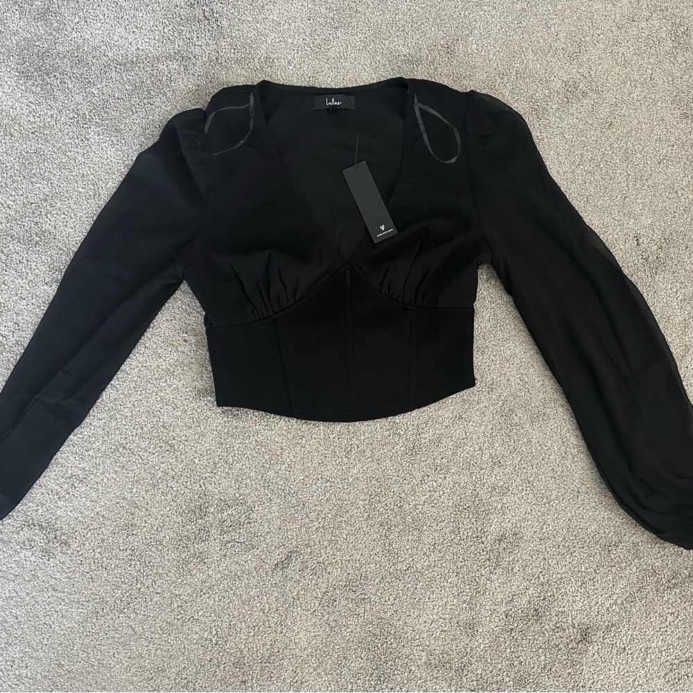 Brand new black Lulus top, cropped and sheer sleeve